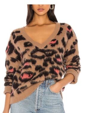 NWT wildfox v-neck preppy kitty Tatum mohair sweater leopard pink size medium